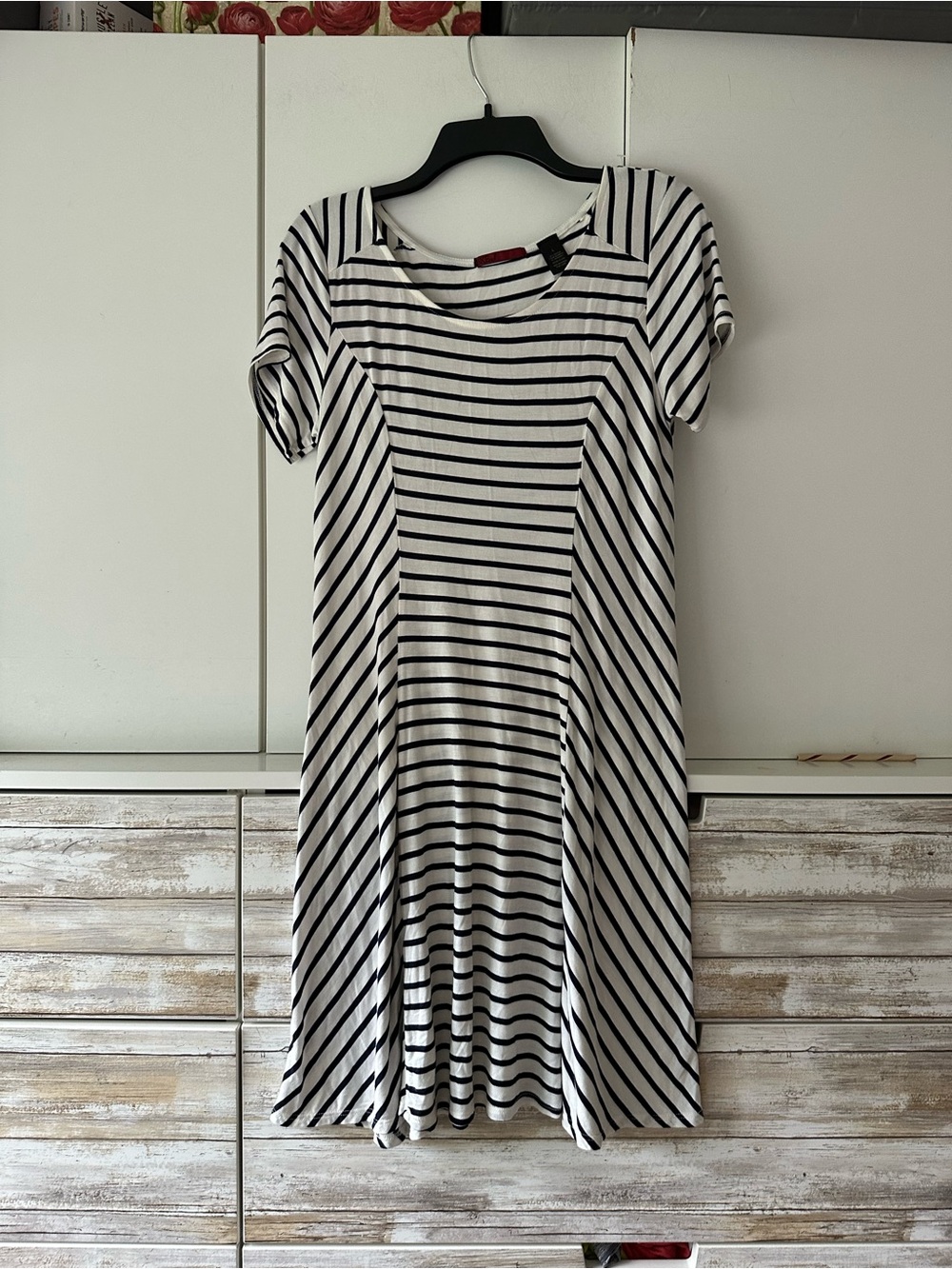 🤍🖤 BKE Red Navy & White Striped Fit & Flare Dress Bamboo Blend USA Made L